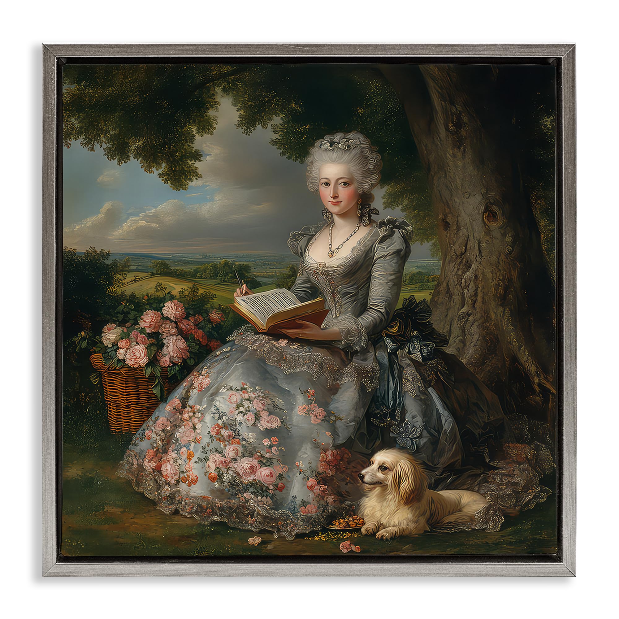 'Reading Rococo Lady with Dog'| Floating Frame Canvas Art
