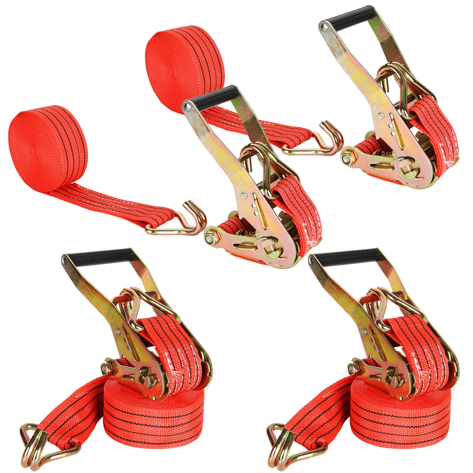 Confezione da 4 cinghie a cricchetto resistenti, 5,1 cm, 5,8 m, con doppio gancio a J, resistenza alla rottura di 1995,8 kg, cinghie a cricchetto per spostare e fissare attrezzature da prato e moto