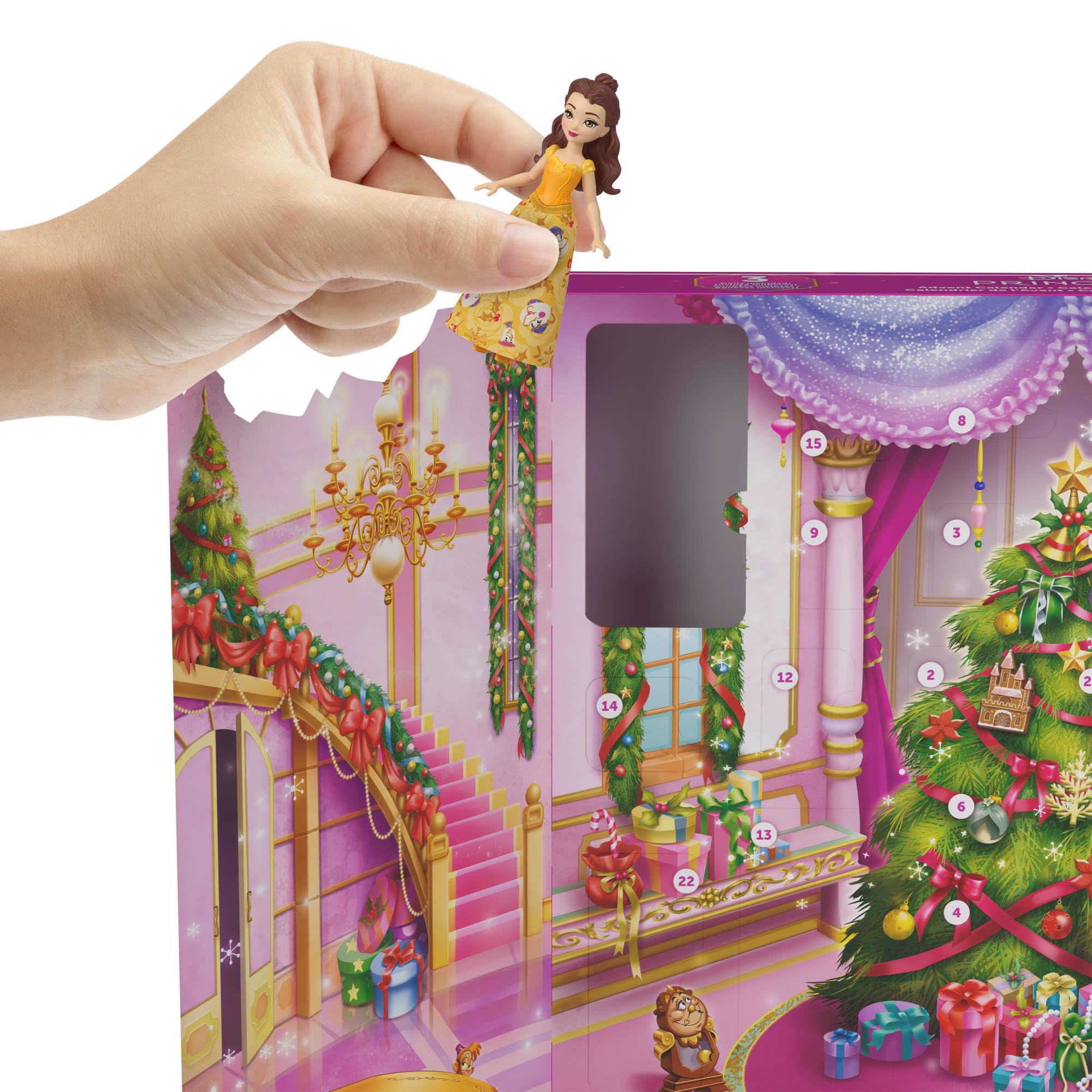Mattel Disney Princesas Calendario de Adviento con 24 días de sorpresas, incluidas 3 muñecas pequeñas, 3 amigos, 6 prendas y 16 accesorios inspirados en las películas, JFG79