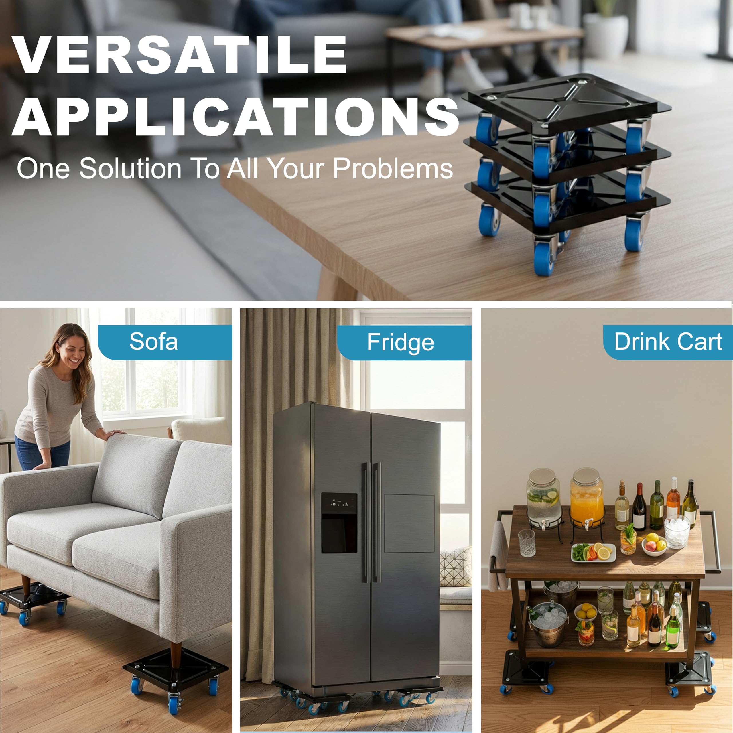 Plataforma rodante resistente para muebles con rotación de 360°, 5 ruedas, aleación de acero, capacidad de carga de 3000 libras con cinta métrica y nivelador para facilitar el movimiento de