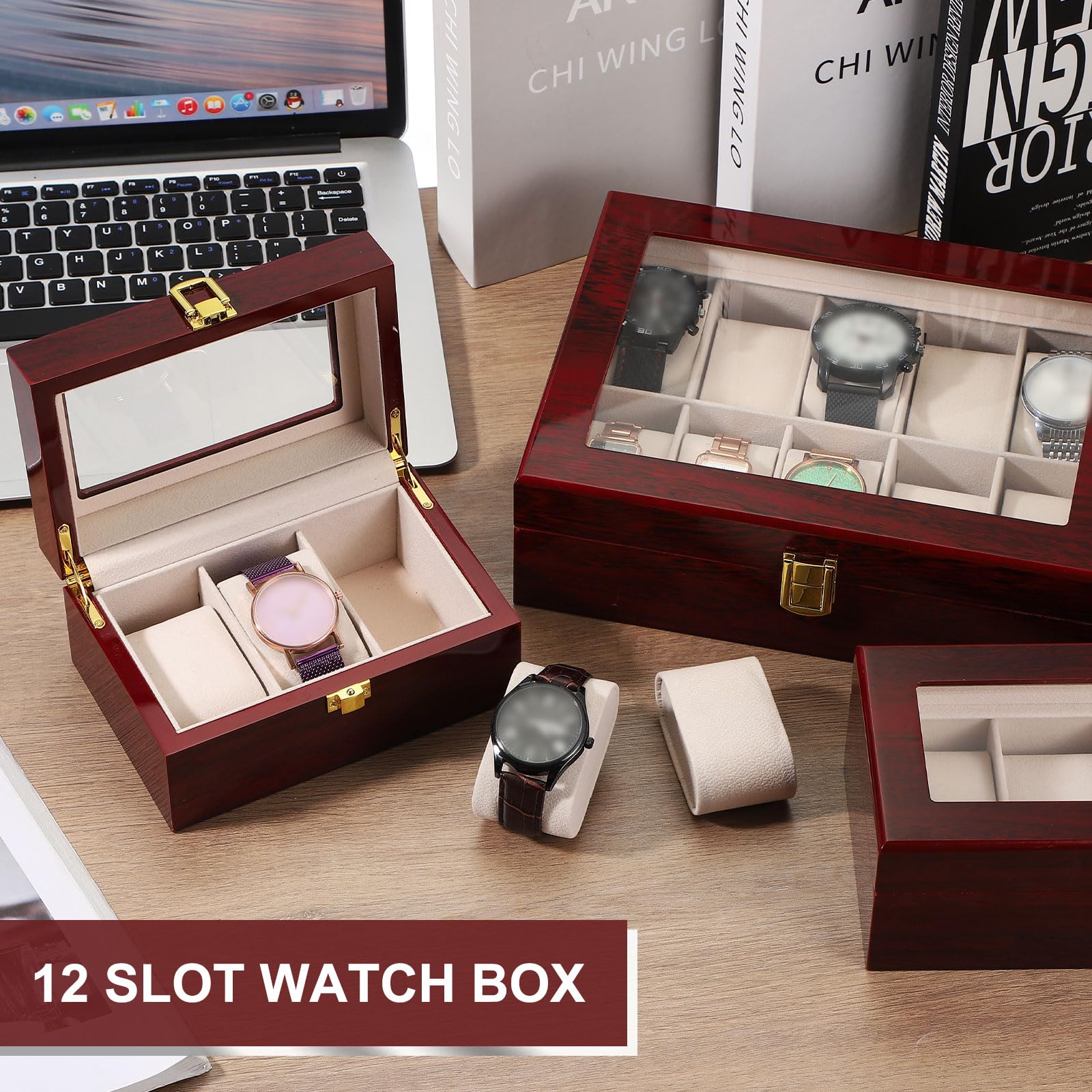 Boîte de Rangement pour Montres sourcing Map à 12 emplacements, boîte à Montres pour Hommes avec Couvercle en Verre, boîte à Montres en Bois avec Coussin Amovible pour Montres, Rouge