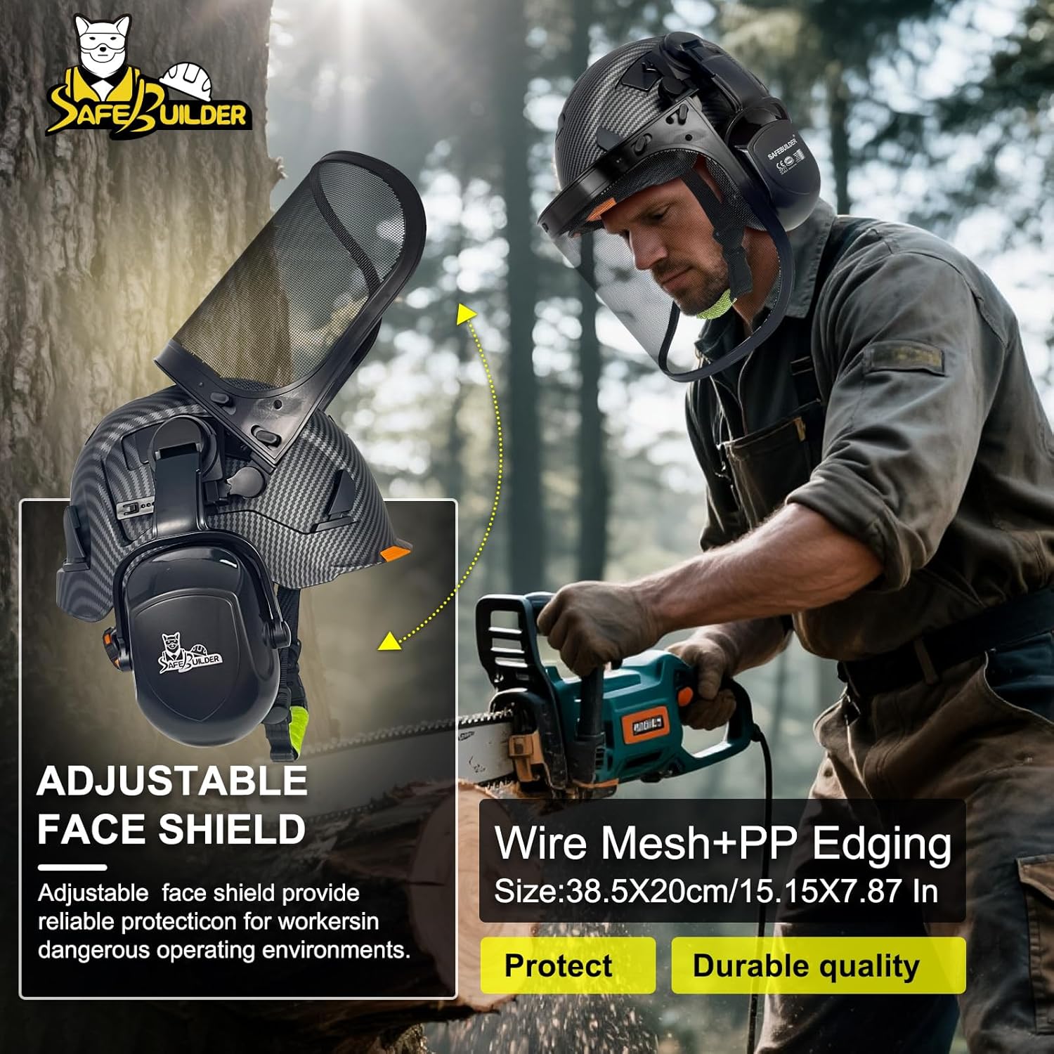SAFEBUILDER CR99 Forestry Safety Helmet Class C Hard Hats 3 In1 Chainsaw Arborist Helmet with Mesh Face Shield Ear Muffs Hearing Protection ANSI Z89.1