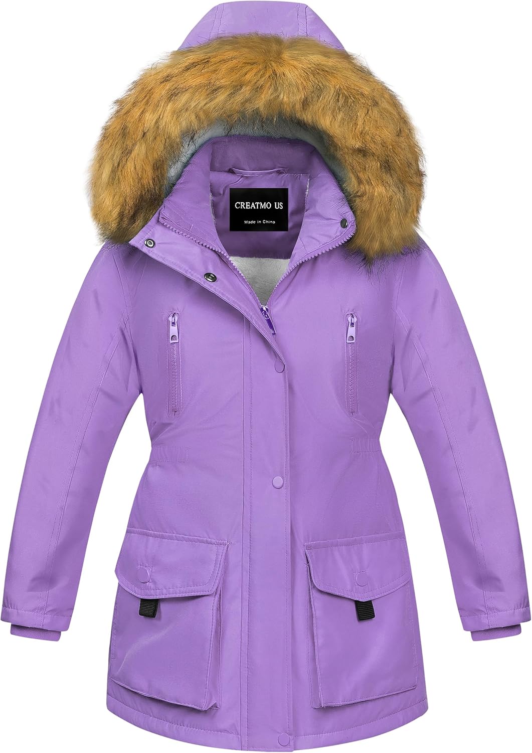 CREATMO US Girl's Sherpa Long Winter Coat Thicken Warm Parka Durable Waterproof Puffer Ski Jacket