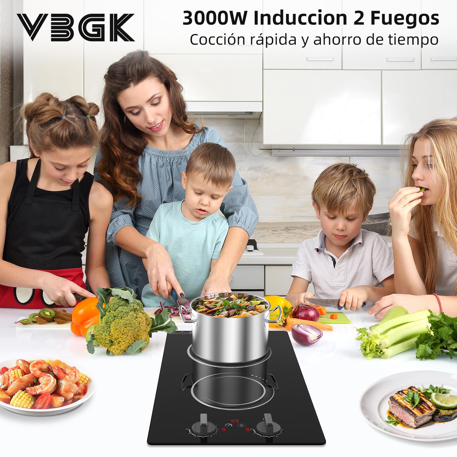 VBGK placa induccion 2 zonas,220V 3000W induccion 2 fuegos con pantalla táctil LCD, 10 niveles de ajuste, bloqueo de seguridad para niños y temporizador
