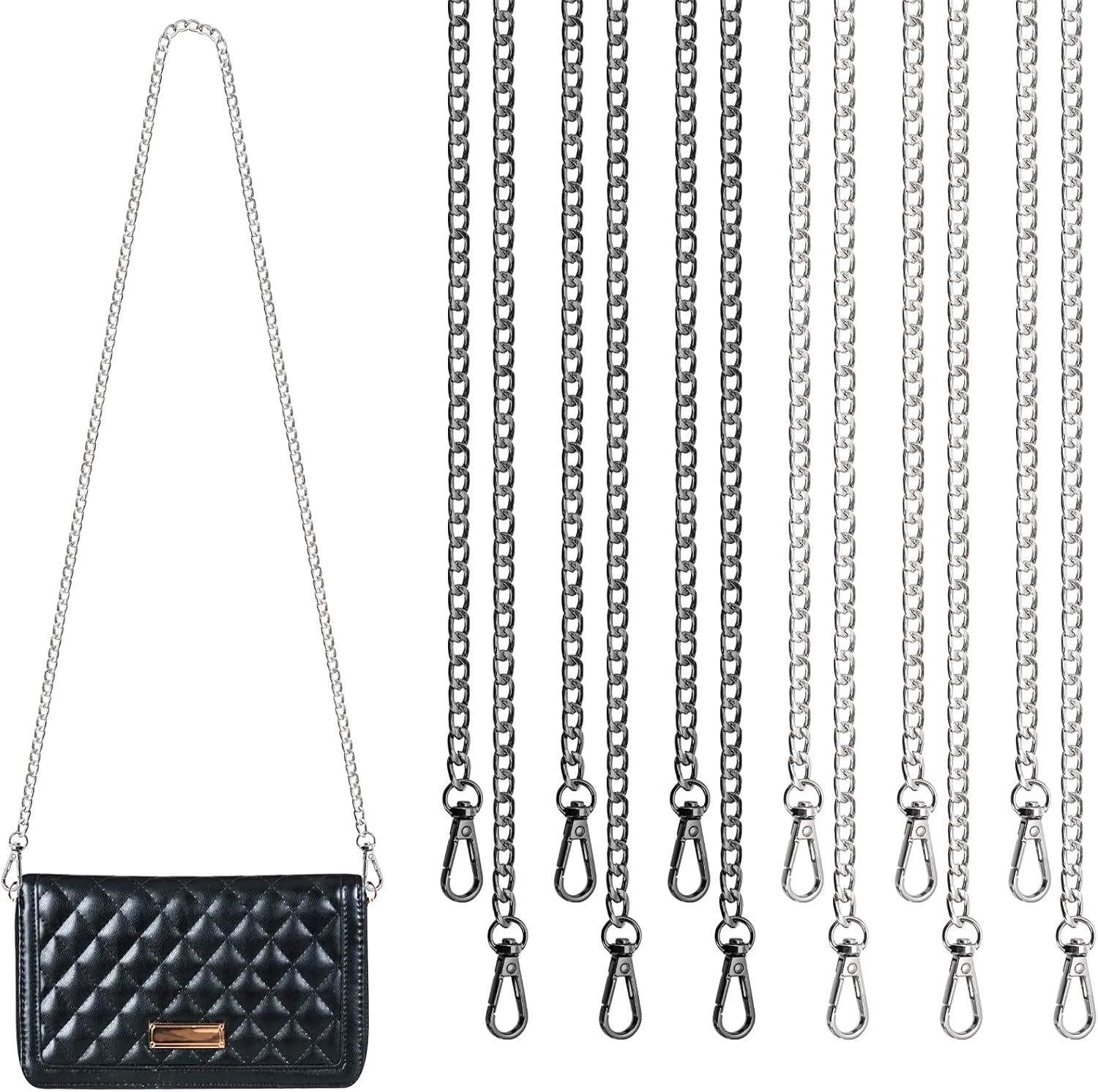 WRINGKIT 12 Pack Purse Chain Strap, 47" Purse Chain Replacement Crossbody, Silver Black Bag Chains for DIY Handbags Shoulder Cross Body Bag, Flat Chain Purses with Metal Buckles