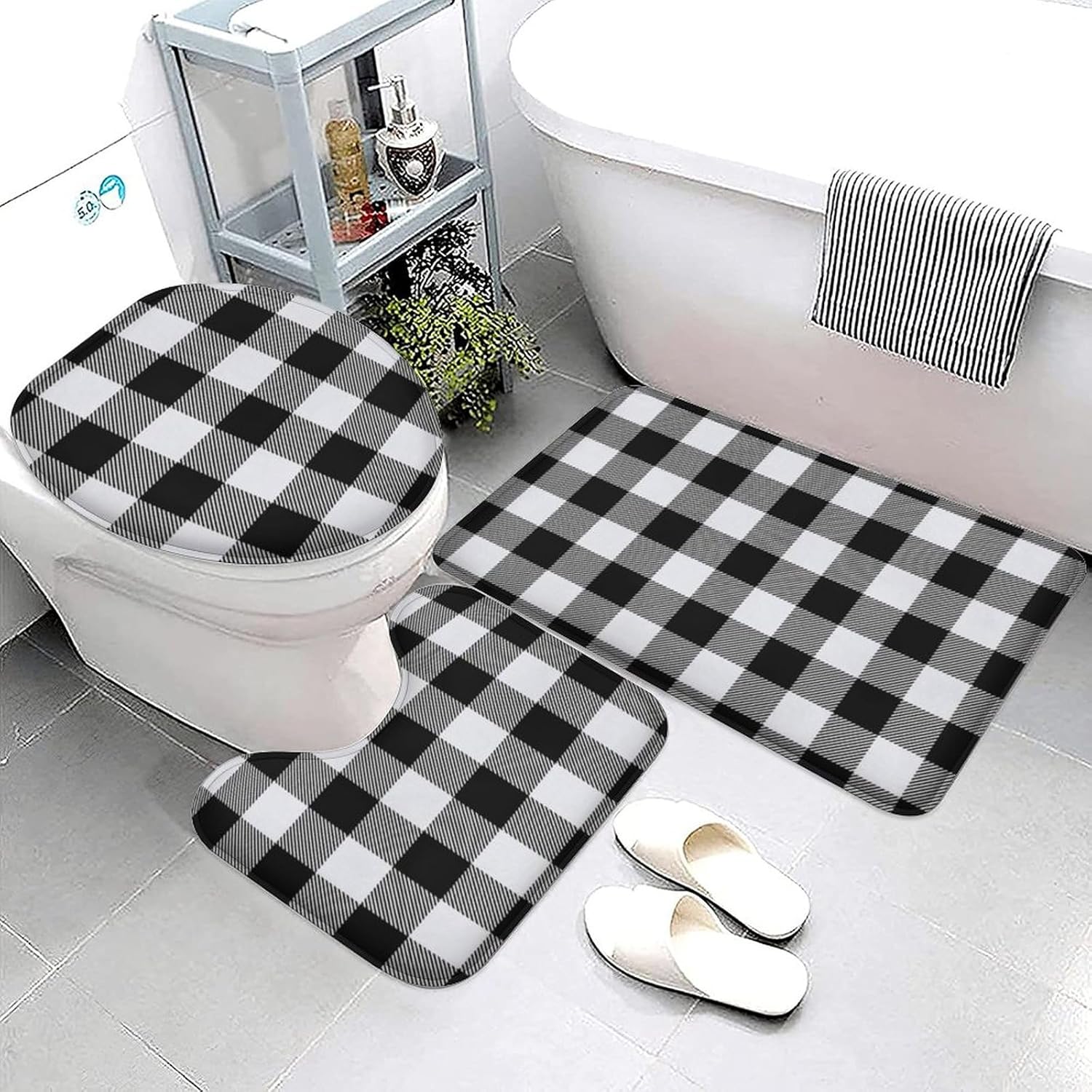 3 Piece Black and White Buffalo Plaids Checked Bath Mat Set Plush Christmas New Year Bathroom Rug Sets for Winter Non Slip Water Absorbent U-Shaped Contour Toilet Mat, Toilet Lid Cover