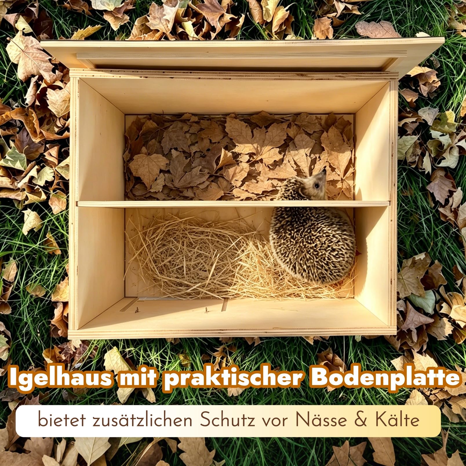 Großes Igelhaus aus Holz mit Rattenklappe und Boden, Ganzjährig Igelhotel für Sommerquartier und Winterschlaf, HBT 26 x 30 x 37 cm