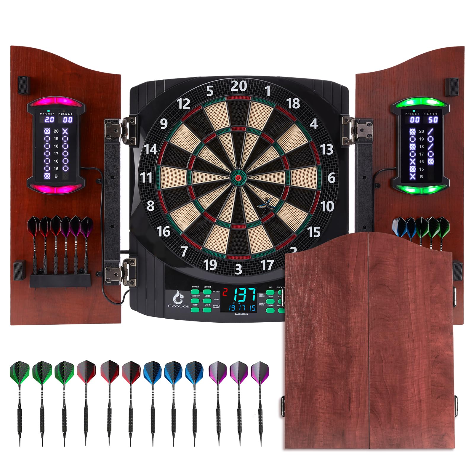electronic dart board with wooden door, electric dartboard with heckler & light effects, digital soft tip dartboards for game room man cave bar, 12 darts, 100 soft tips