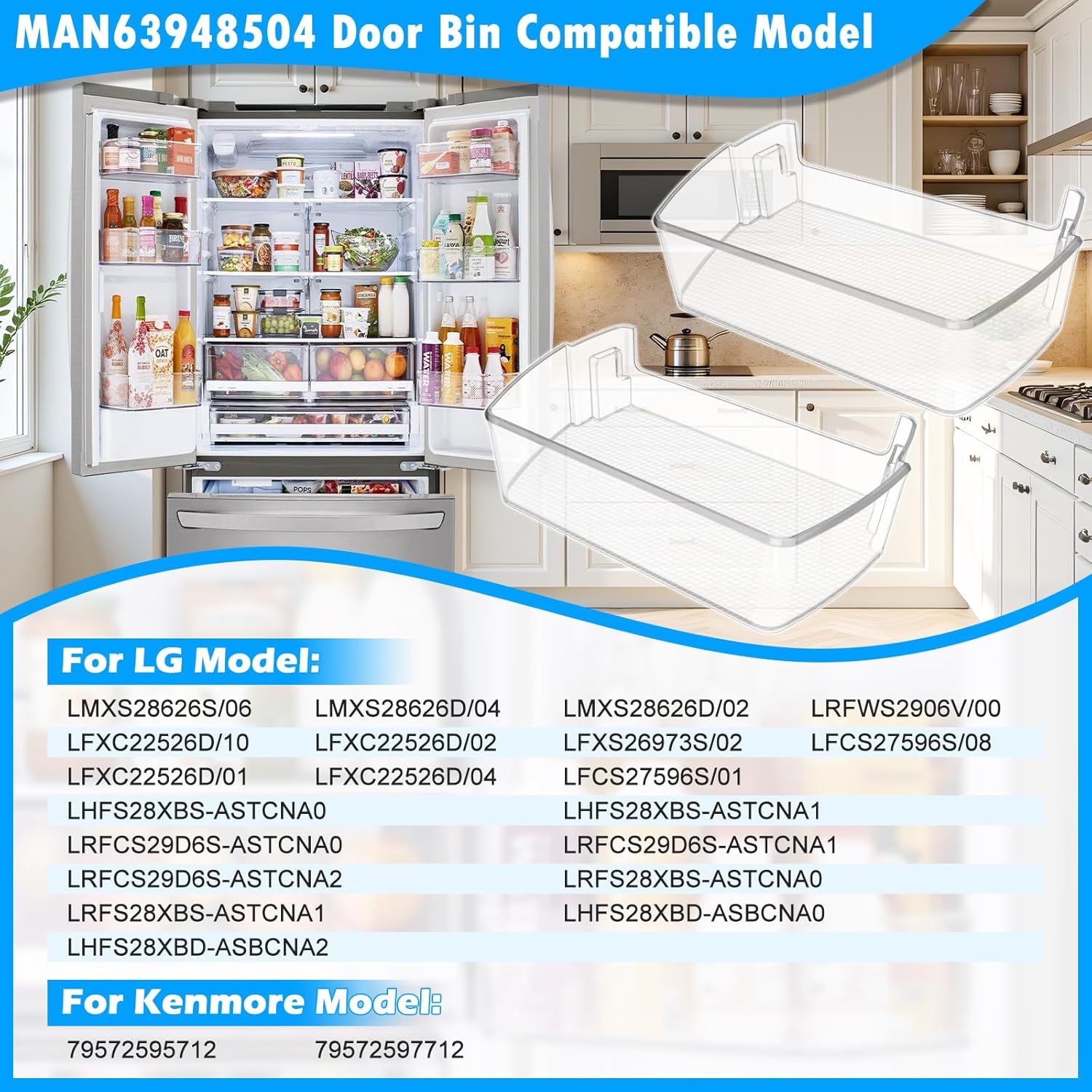 [2 Pack] UPGRADED MAN63948504 Refrigerator Door Shelf Bin Compatible with Lg Fridge Door Shelf Replacement, Kenmore Lg Refrigerator Door Bin LMXS28626S LFXS26973S LFXC22526D Door Bin Shelf Lg Basket