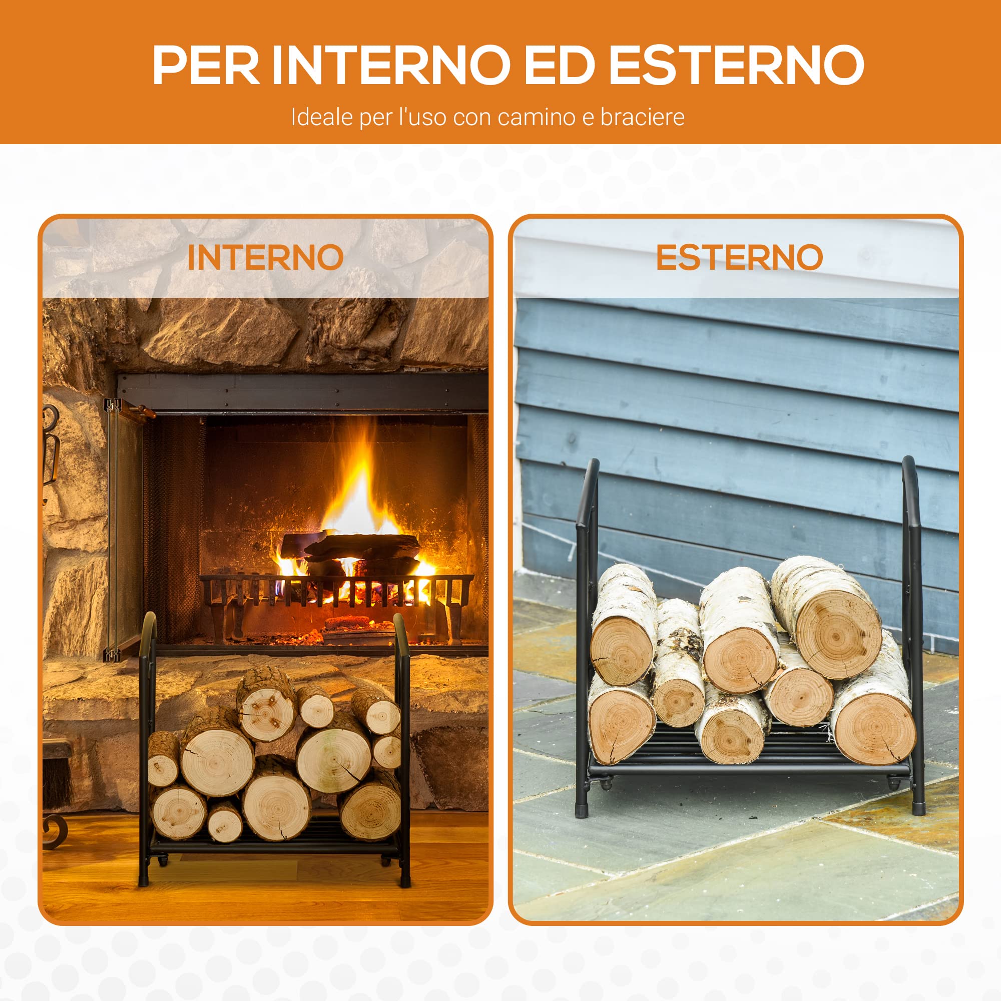 Outsunny Portalegna per Camino da Interno ed Esterno in Metallo con Base Rialzata per 50kg di Legna, 39.5x31.5x39.5cm, Nero