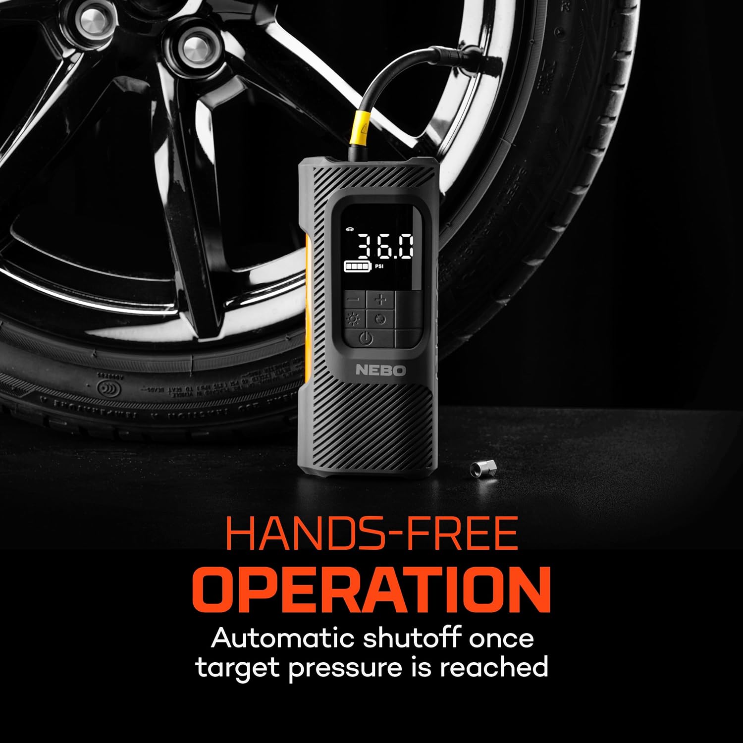 NEBO Assist Mini Air Compressor | 150 PSI Portable Tire Inflator with USB-C Power Bank, Cordless Pump with Auto Shut-Off, Digital Gauge, Rechargeable, LED Light for Car Tire, Balls, and Inflatables