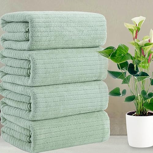 Juego de 4 toallas de baño de gran tamaño, color verde, 35 x 70 pulgadas, toallas de microfibra extra grandes, ligeras, suaves, de secado rápido,