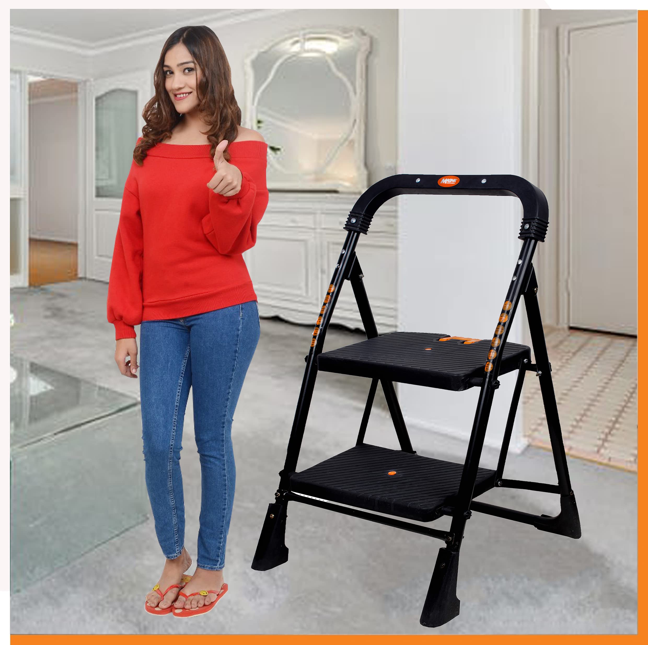 Magna Homewares Pollux 2 Steps Folding Ladder (Small, Black)