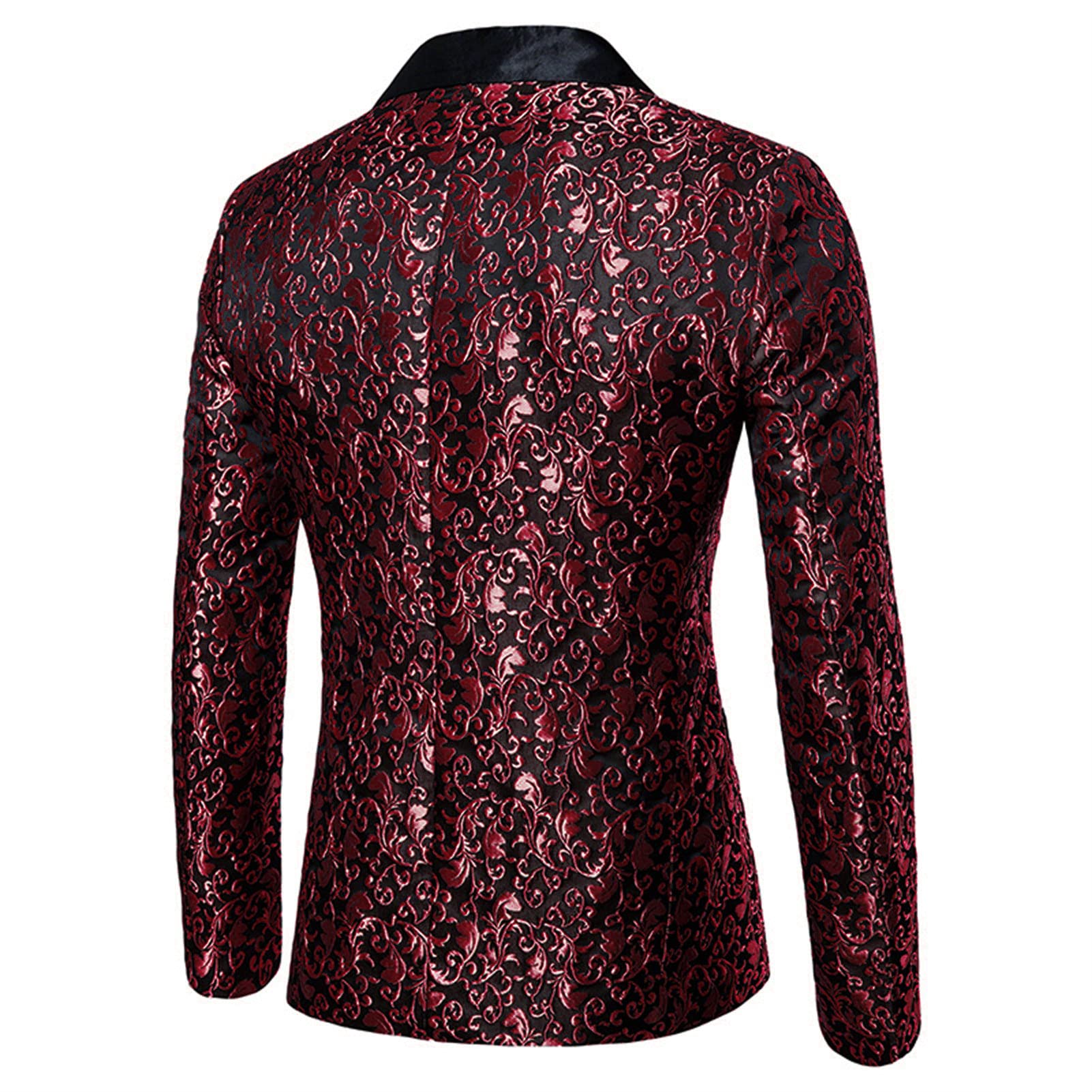 Men's Floral Jacquard Suit Jacket One Button Stylish Print Tux Blazer Notched Lapel Wedding Dinner Dress Tuxedo (Red,XX-Large)