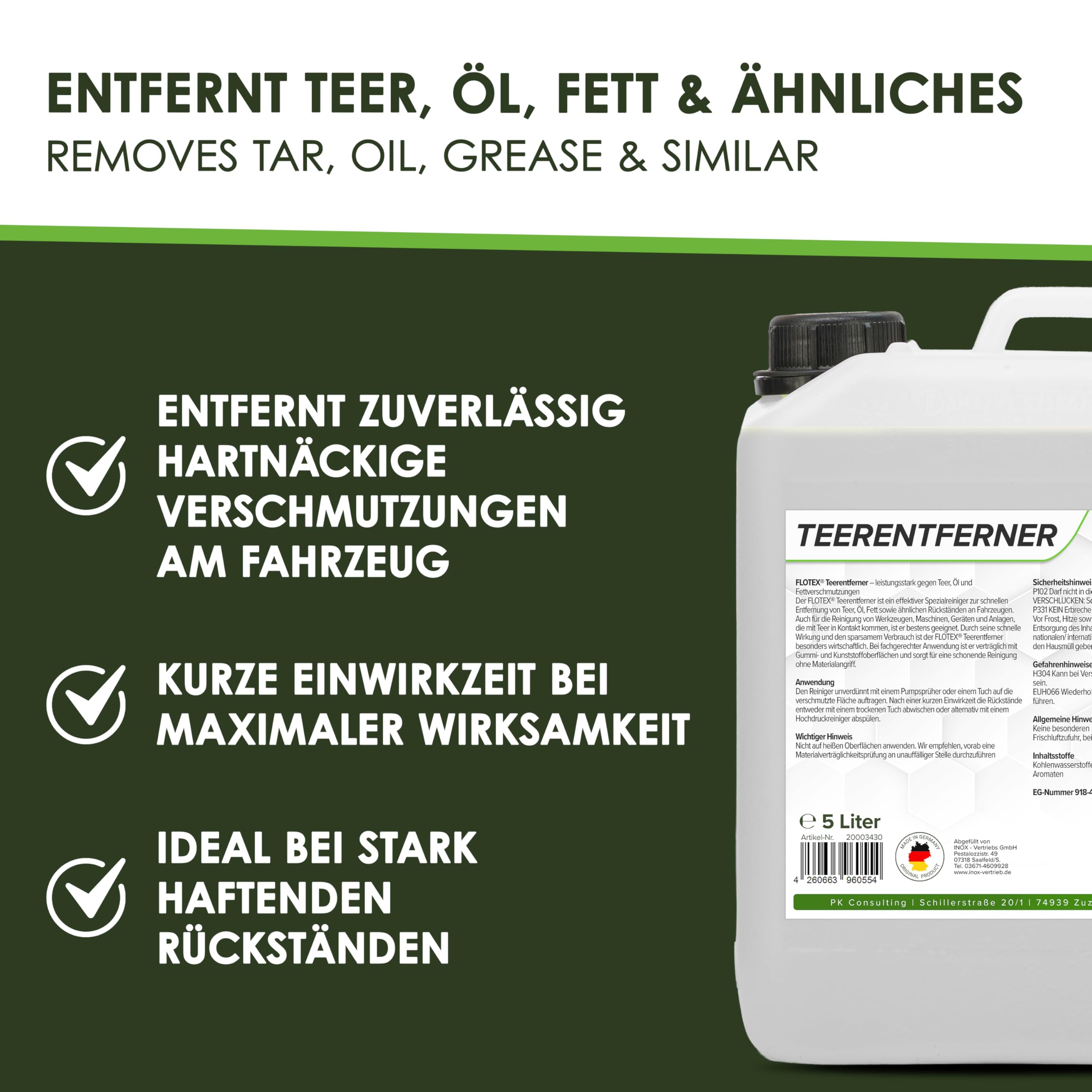 Profi Teerentferner Auto - 2x5L I Teer Entferner für Auto, Wohnmobil, Werkzeuge & Mehr - Löst effektiv Rückstände von Teer, Bitumen, Öl & Fett I Bitumen Entferner, Baumharzentferner