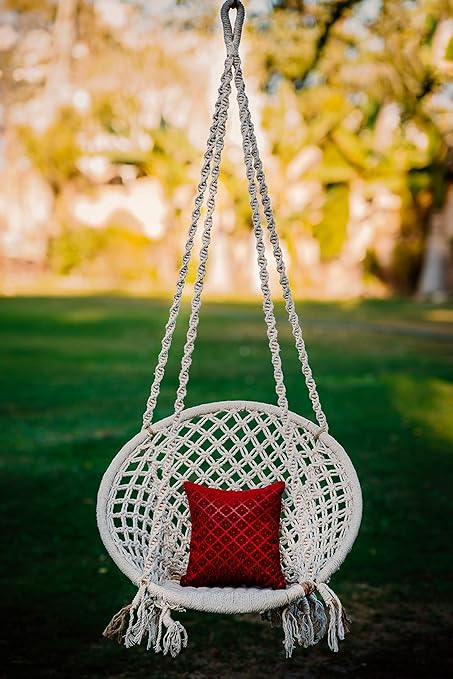 Patiofy Single Seater Cotton Made Home Swing For Kids & Adults Home Swing Balcony, Living Room, Hanging Jhula For Kids Indoor/Outdoor With Free Hanging Accessories (White) - 70 X 45 X 148 Cm