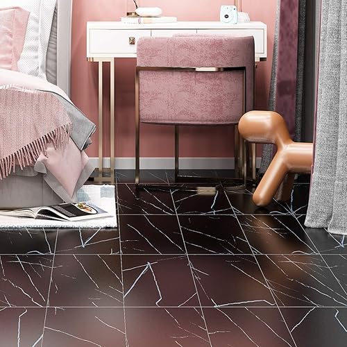 Miniatura 4 de Livelynine Azulejos de vinilo autoadhesivos de mármol negro de 12 x 12 pulgadas para despegar y pegar, azulejos de suelo impermeables para suelos