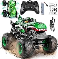 BEZGAR 1:20 RC Monster Truck for Boys 4-7 - Dinosaur Toy with 360° Spins, Drifting, LED Lights & Music, 2.4GHz Remote Control Car