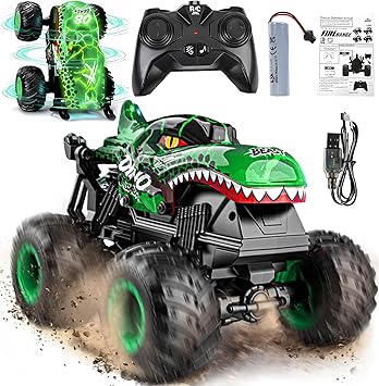 BEZGAR Monster Truck Toys - Remote Control Monster Truck with Light & Music, Dinosaur Toys for Kids, 1:20 Scale RC Truck with 360° Spins and Drifting, Remote Control Car for Boys 4-7