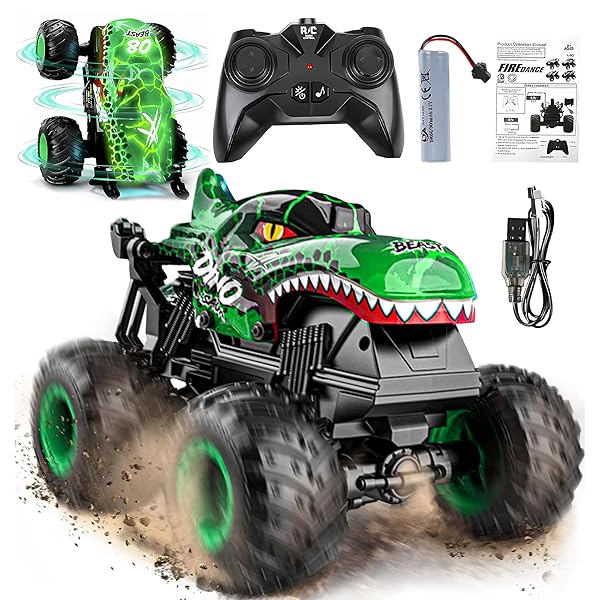 BEZGAR Monster Truck Toys - Remote Control Monster Truck with Light & Music, Dinosaur Toys for Kids, 1:20 Scale RC Truck with 360° Spins and Drifting, Remote Control Car for Boys 4-7