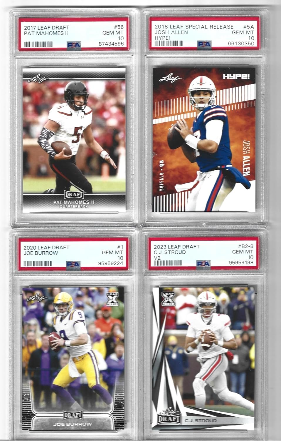 Graded Psa 10 Patrick "Pat" Mahomes Josh Allen C.J. Stroud Joe Burrow 4 Card Football Rookie Lot Leaf Superstar Quarterbacks