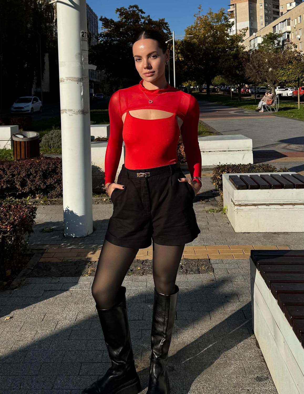 Avidlove Womens Long Sleeve Bodysuits Mock Turtle Neck Shapewear Bodysuit Sexy Mesh Bodysuit Two Piece Outfit Cami Tops - Image 4