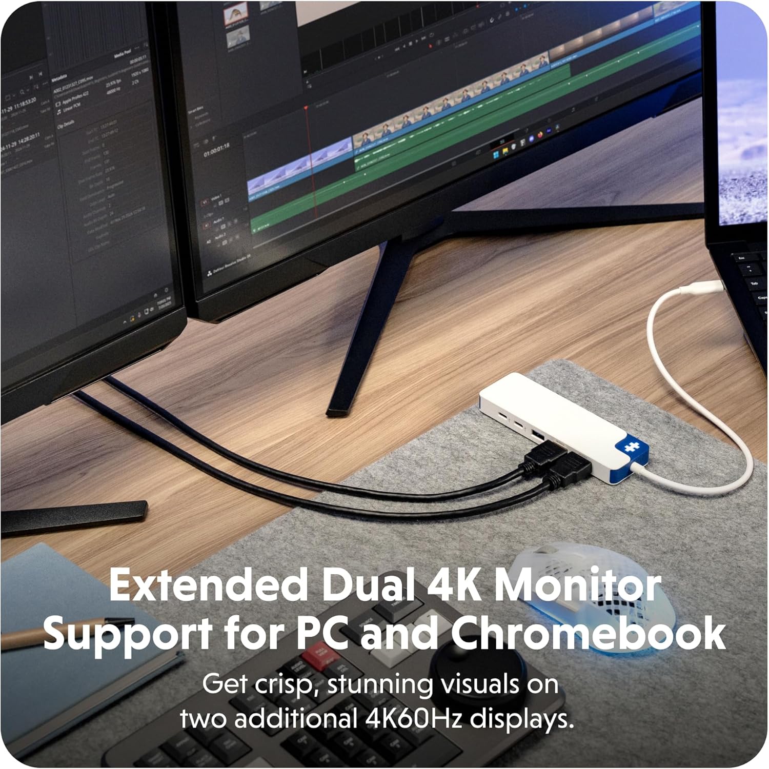 HyperDrive Flex 9-in-1 USBC Docking Station Dual Monitor HDMI Hub — 2 HDMI 4K60Hz, 100W PD USB C, 2 USB-C 5Gbps, USB-A, SD/microSD, Audio Jack — Blue