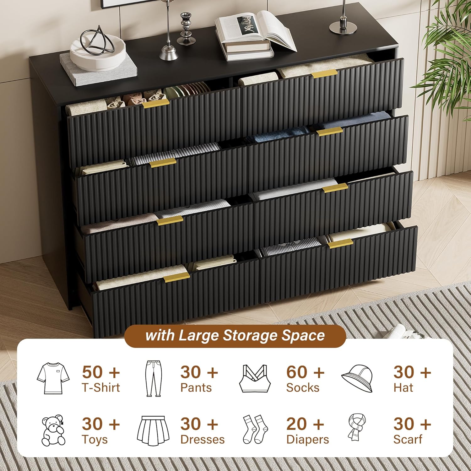Black Dresser for Bedroom, Modern Dresser with 8 Drawers and Smooth Slides, Wide Chest of Drawers with Golden Handles for Bedroom, Closet, 15.7" D x 55" W x 37.4" H - Image 5