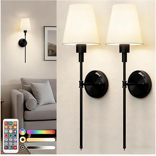 DORESshop Battery Operated Wall Sconce Set of 2, Wireless Wall Light Easy to Install, 15 Color Rechargeable Wall Sconces, Sconce Wall Decor Set of 2 for Bedroom, Living Room, Black, 24.6in