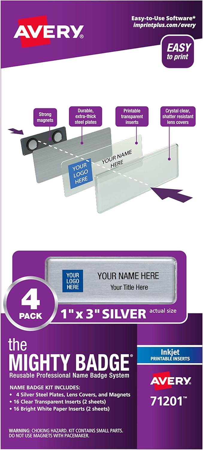 The Mighty Badge by Avery, 1" x 3" Silver Name Tags, 4 ID