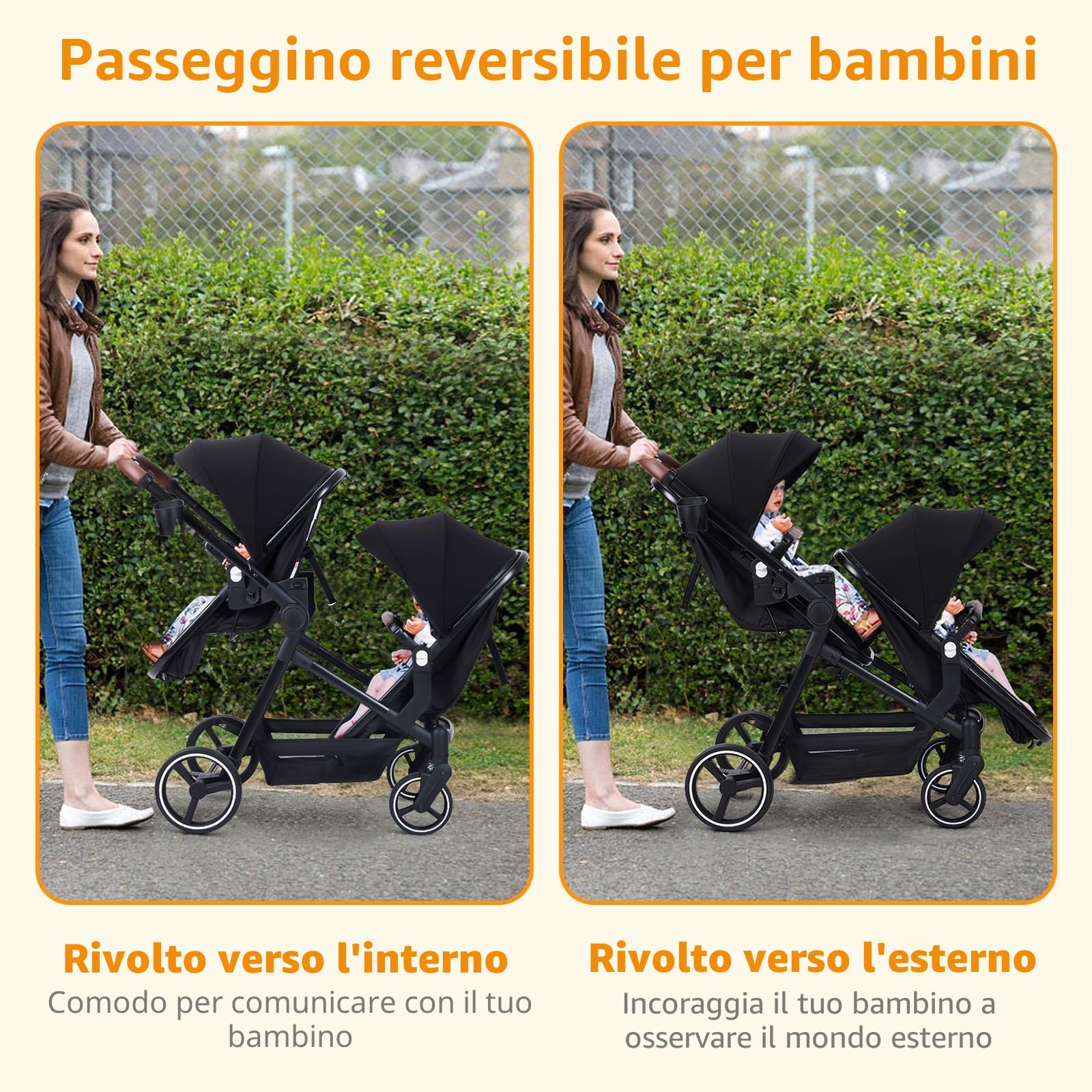 Passeggino Gemellare Doppio Leggero Carrozzina Pieghevole da Viaggio, Passeggino Tandem Compatto Con Sedili Reversibili, Navicella Bambino Carico Max 30 kg Dalla Nascita a 36 Mesi