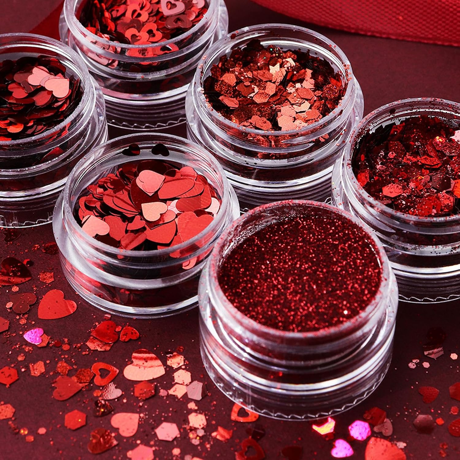 Valentine’s Day Nail Art Glitters Red Heart Nail Sequins for Nail Art Red Shiny Flake 3D Holographic Powder Dust Glitters Valentine’s Day Nail Art Decorations Sets（6 Boxes
