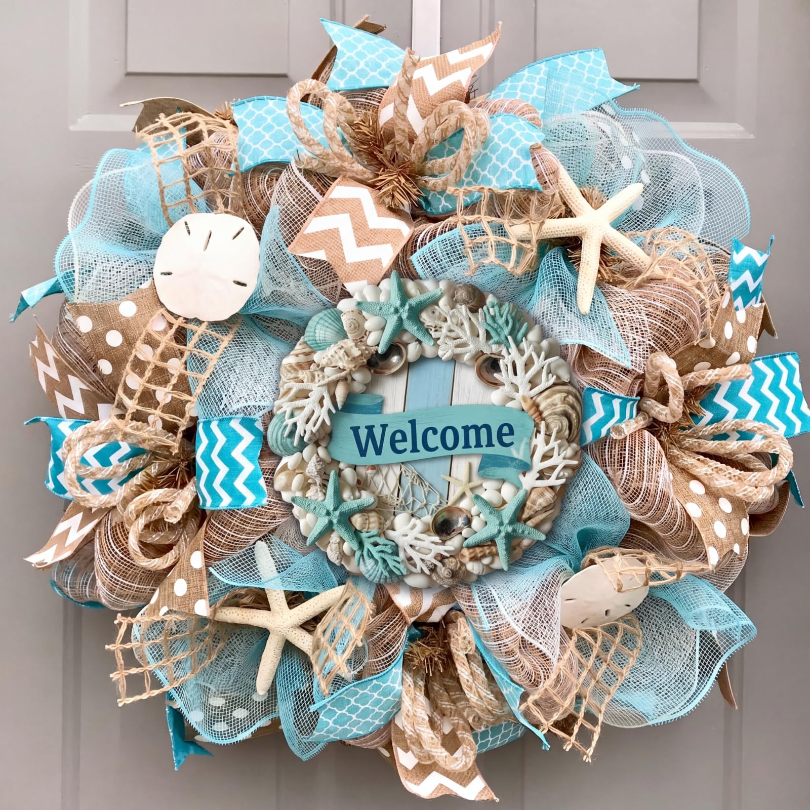 Photo 1 of Summer Beach Door Decor 11.8 Inch Summer Beach Wreath for Front Door Starfish Seashell Hanging Sign Blue Coral Wall Hanger for Home Office Porch Indoor Outdoor Party Decor
