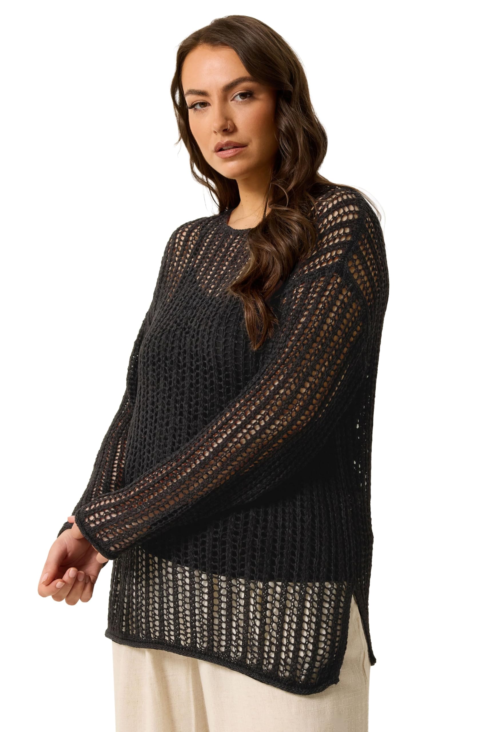 Yours Women's Crochet Jumper - Black - Size 18-20