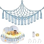 CERETIA Stuffed Animal Hammock with LED Light, Large Stuffed Animals Storage Corner Plushie Net for Kids Room Decor, Baby Blue