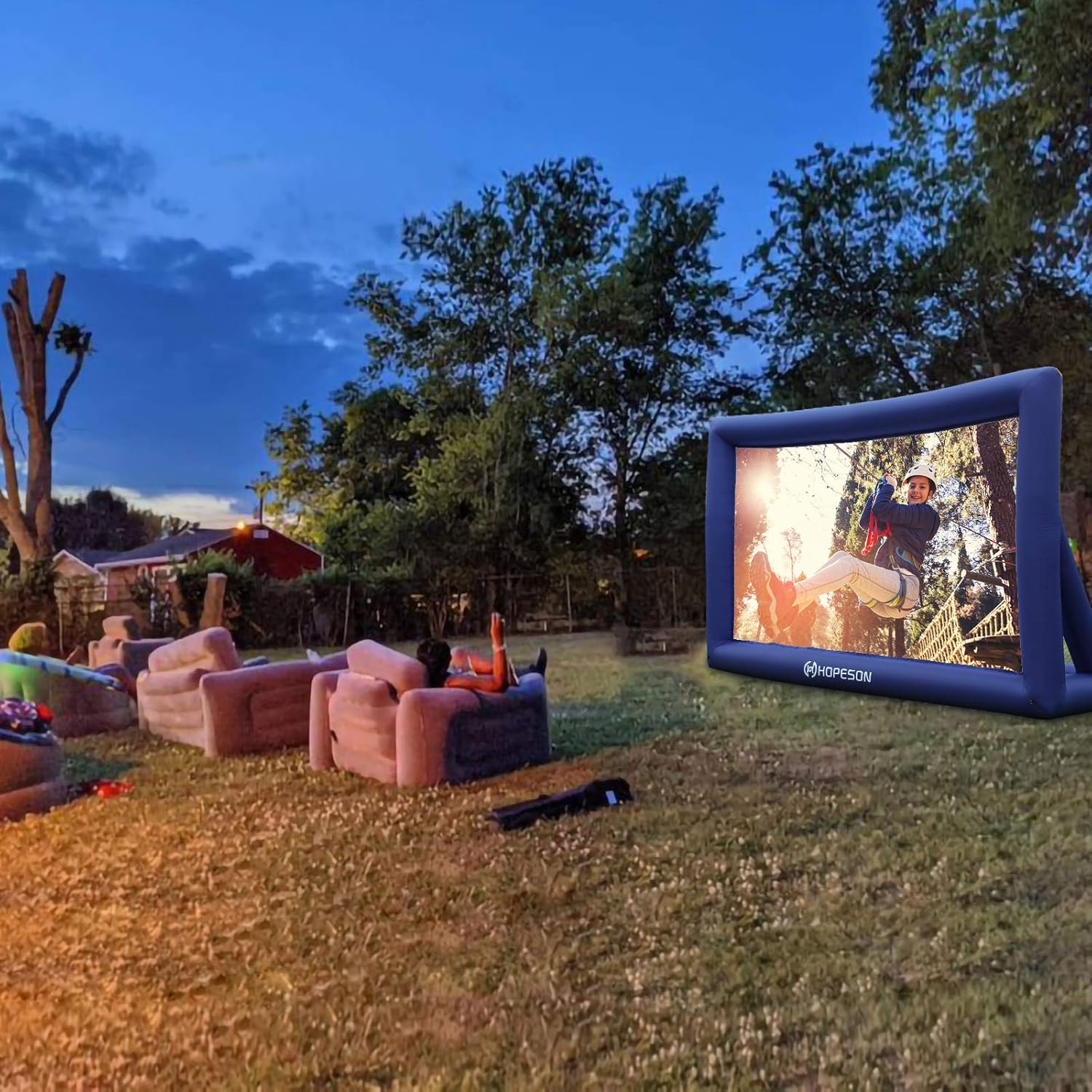 Flash Deals - 50% OFF Hopeson 16 Feet Outdoor Inflatable Movie Projector Screen Portable Blow Up TV Projector Screen Motorized Blue Theater Screen Backyard Rear Projection