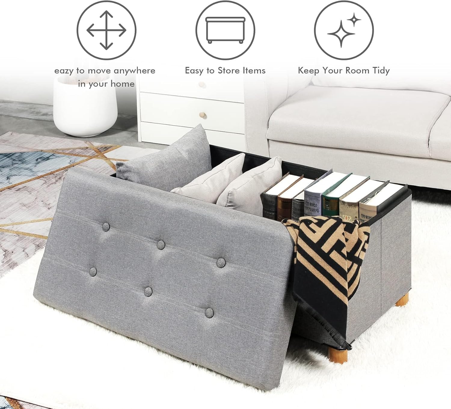 PINPLUS Ottoman with Storage Coffee Table, Grey Footrest-Stool Linen Chest with Tray, Large Storage Bench Foot Rest Ottoman for Bedroom End of Bed, Living Room, Hallway, 30"x 15"x 15"