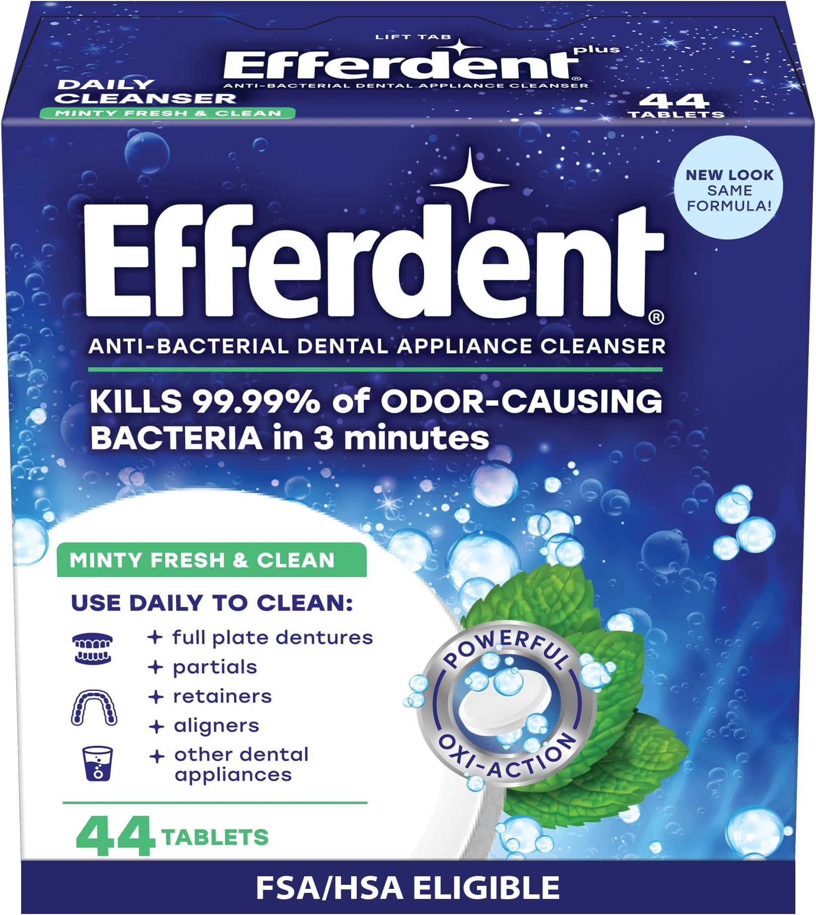 Efferdent Plus Mint Antimicrobial Denture Cleanser | 44 Tablets | Aggressive Clean Between Dentures | Packaging May Vary