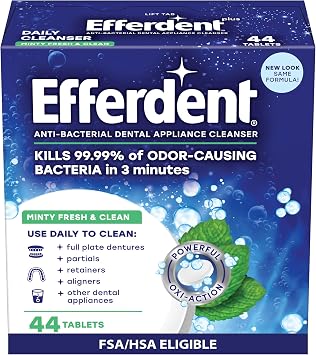 Efferdent Denture Cleaner Tablets Dental Appliances, Aligners, Mouth Guard, and Retainer Cleaner Tablets, Minty Fresh & Clean, 44 Count