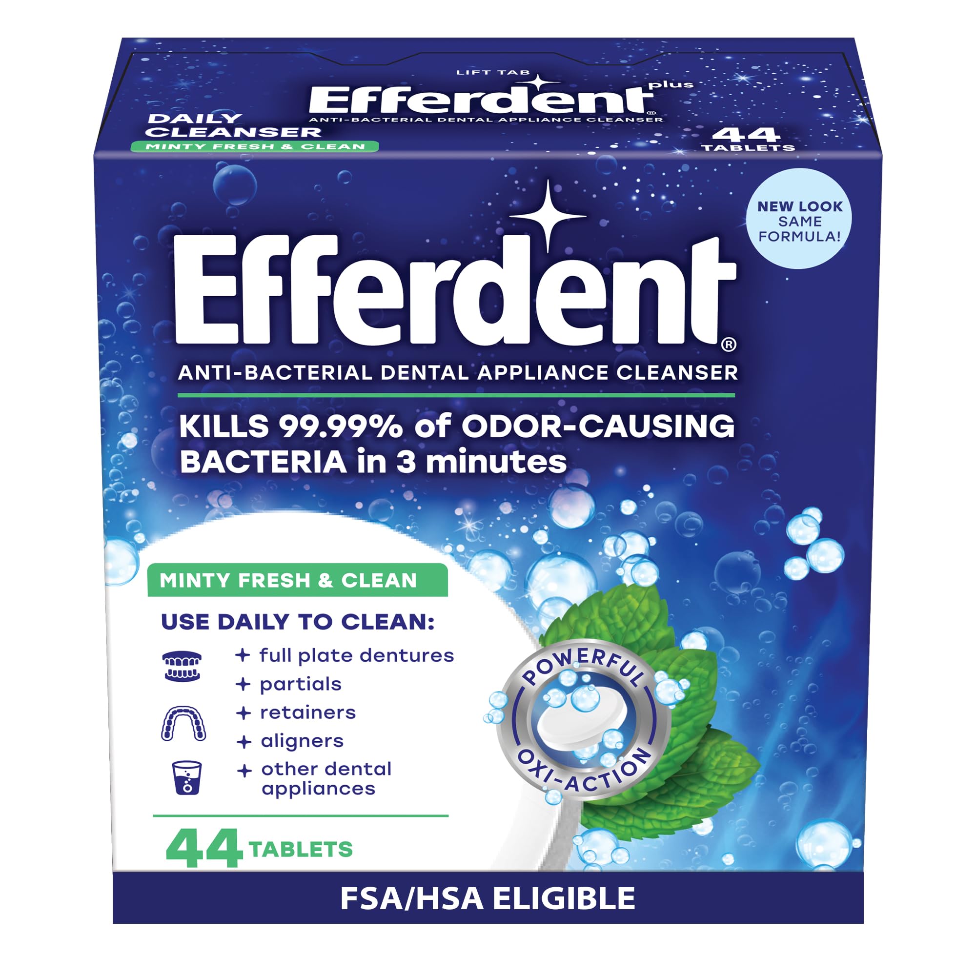Efferdent Plus Mint Anti-Bacterial Denture Cleanser | 44 tablets | Actively Cleans Between Dentures | Packaging May Vary