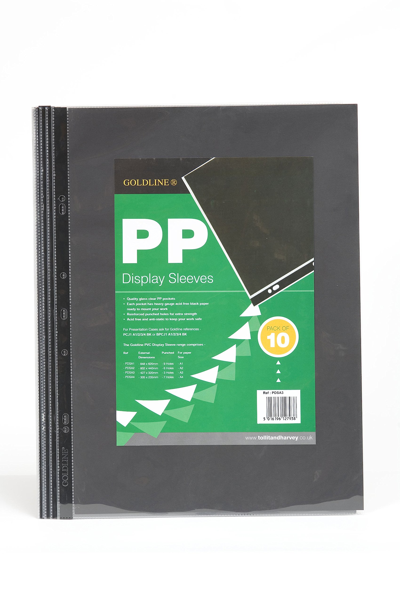 Clairefontaine - Ref PDSA3Z - Goldline Transparent Display Sleeve Pockets (Pack of 10 Pockets) - A3 Size (435 x 325mm), 3 Holes, 150 Microns Thick, PVC Material