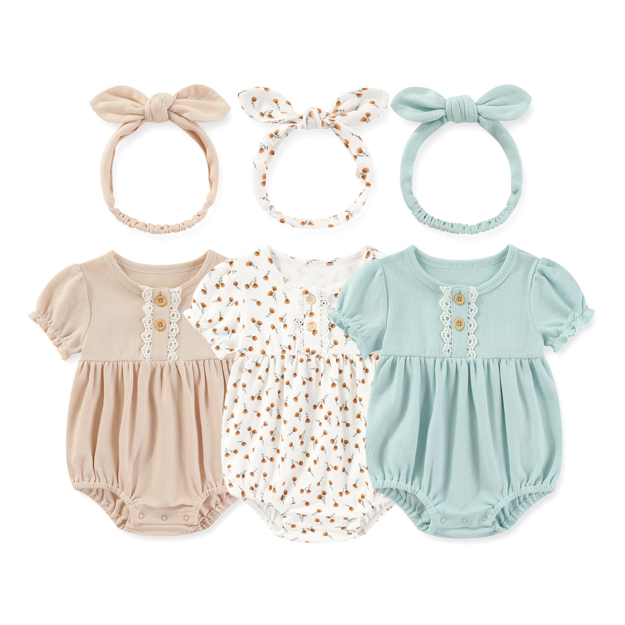MAMIMAKA Newborn Baby Girl Clothes Cotton Bubble Romper Short Sleeve Bodysuit 3 Pack