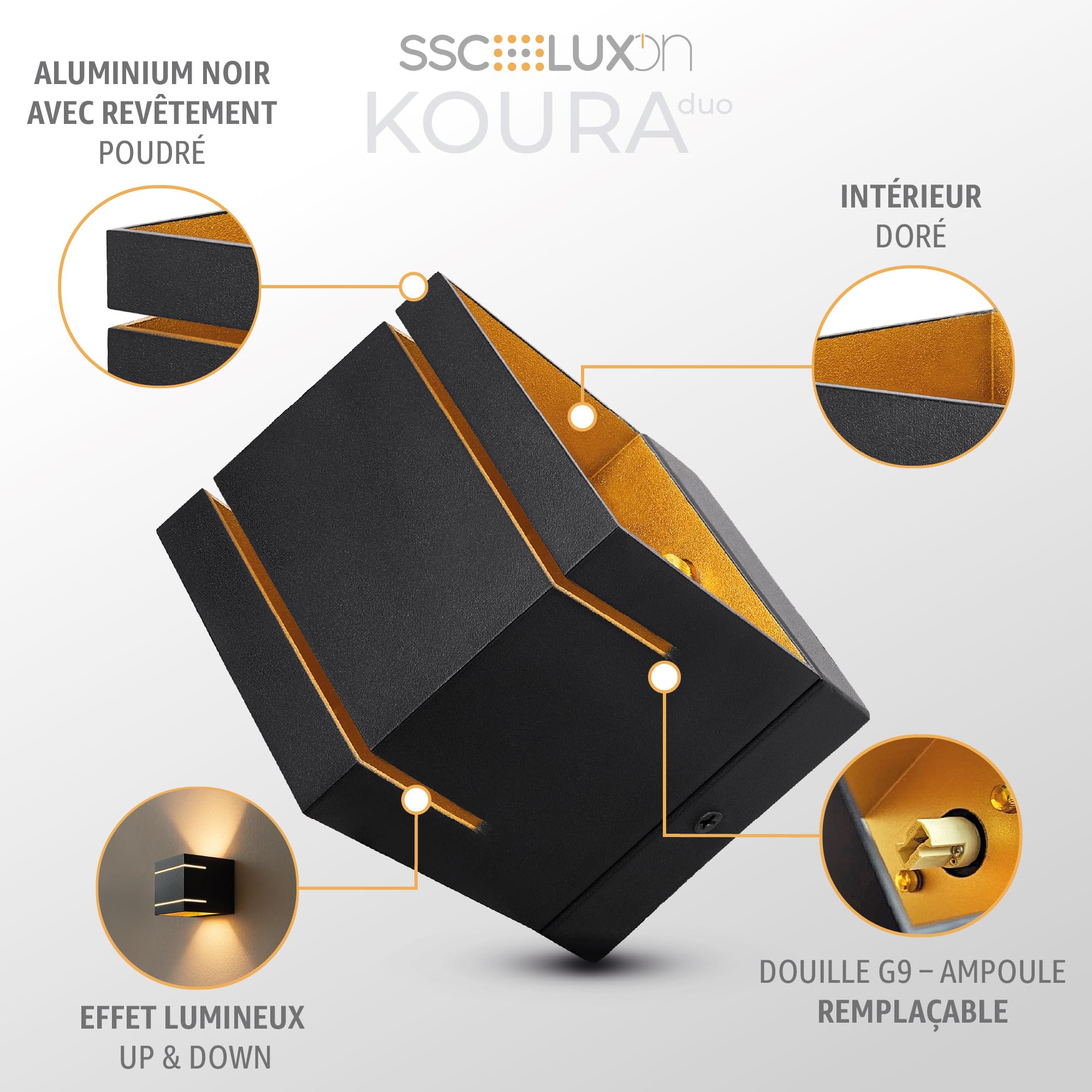 SSC-LUXon KOURA Lot de 2 appliques murales LED G9 noir or éclairage indirect double fente lumineuse Up & Down