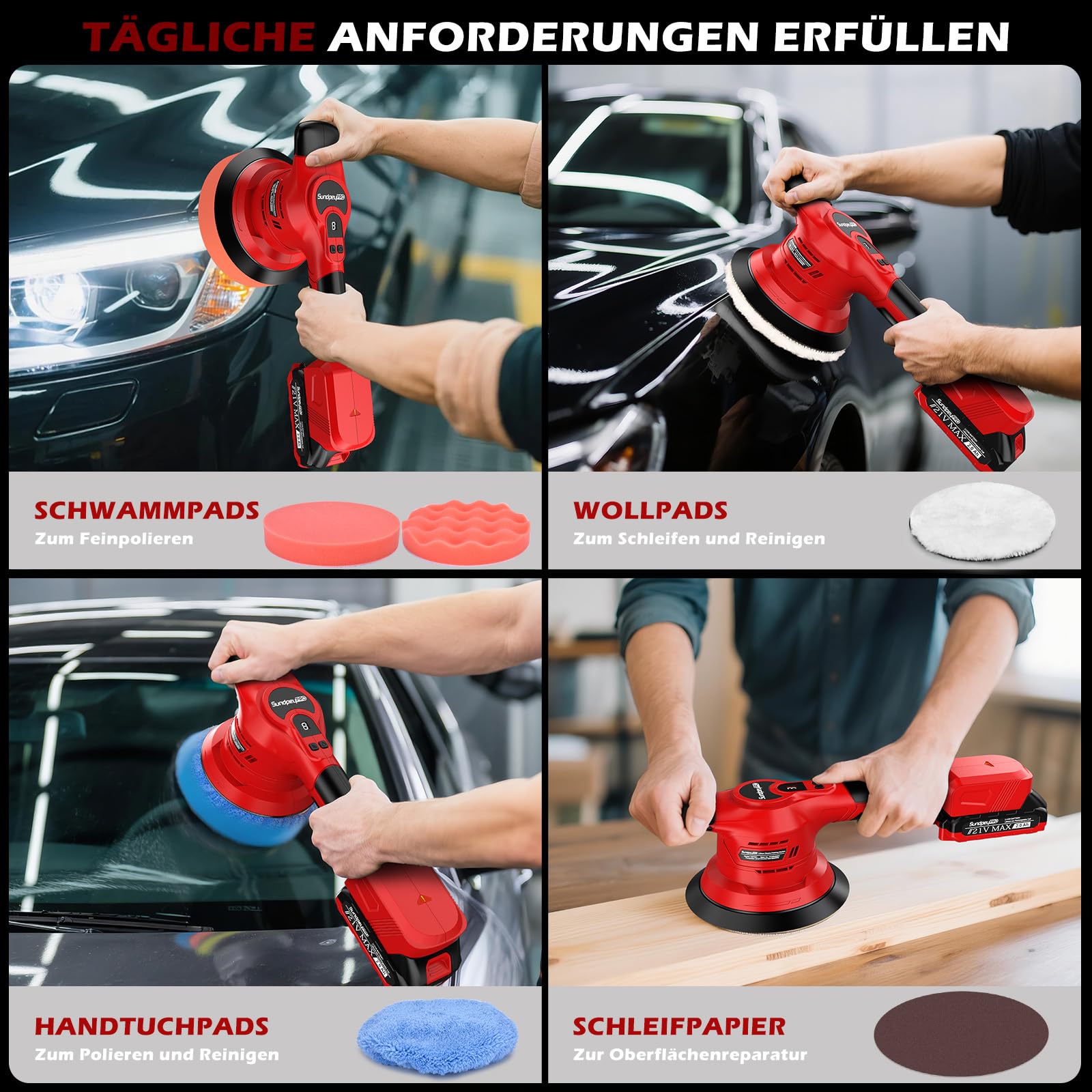 21V Poliermaschine Auto Akku, 6 Zoll Akku Poliermaschine mit Bürstenloser Motor & 2 Akkus & 8 Geschwindigkeitsstufen & 8000 U/min & 9mm Exzenter, für Wachsen, Polieren und Kratzerentfernung