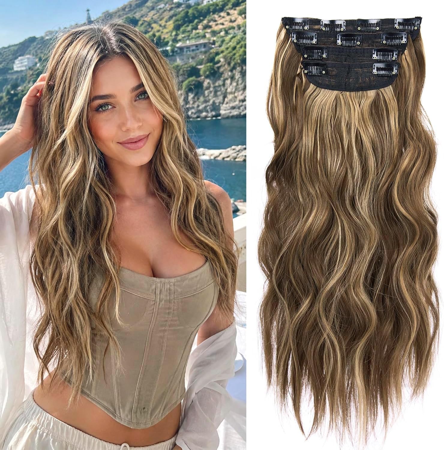 4PCS Clip in Hair Extensions Honey Blonde Mixed Light Brown 20 Inch Long Wavy Synthetic Hair Extensions (4pcs, 20Inch, 22H10#)