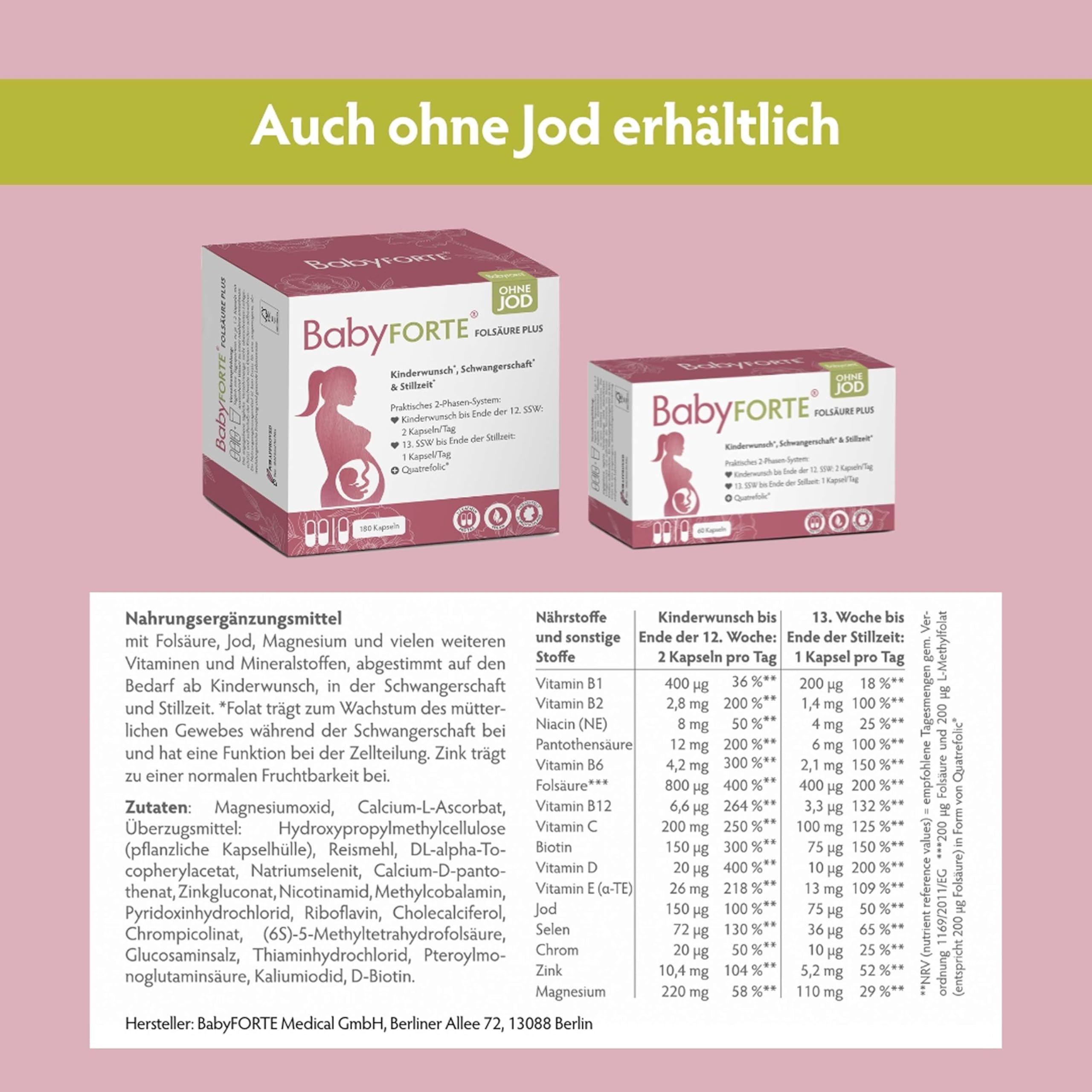 BabyFORTE® FolsäurePlus | vegan | Schwangerschaftsvitamine - Kinderwunsch Vitamine | 16 Nährstoffe | 180 Kapseln + Laborgeprüft