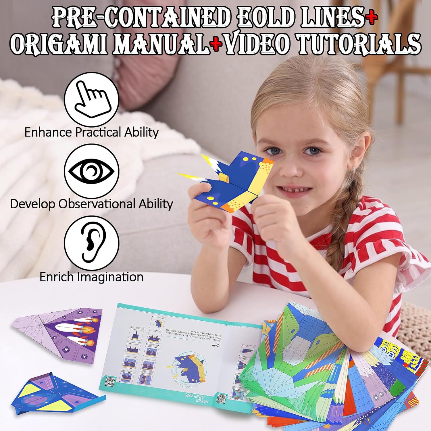Tumwisk Paper Airplane Kit – 36 Sheets of Origami Paper Featuring 12 Distinct Designs, Double Sided Colored Origami Airplane Kit with Video Tutorials，Crafts Gifts for Boys and Girls