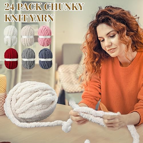 Miniatura 4 de Timgle Paquete de 24 hilos de felpilla gruesos de 34 pulgadas para tejer mantas, hilo suave y grueso de poliéster esponjoso para tejer mantas, hilo