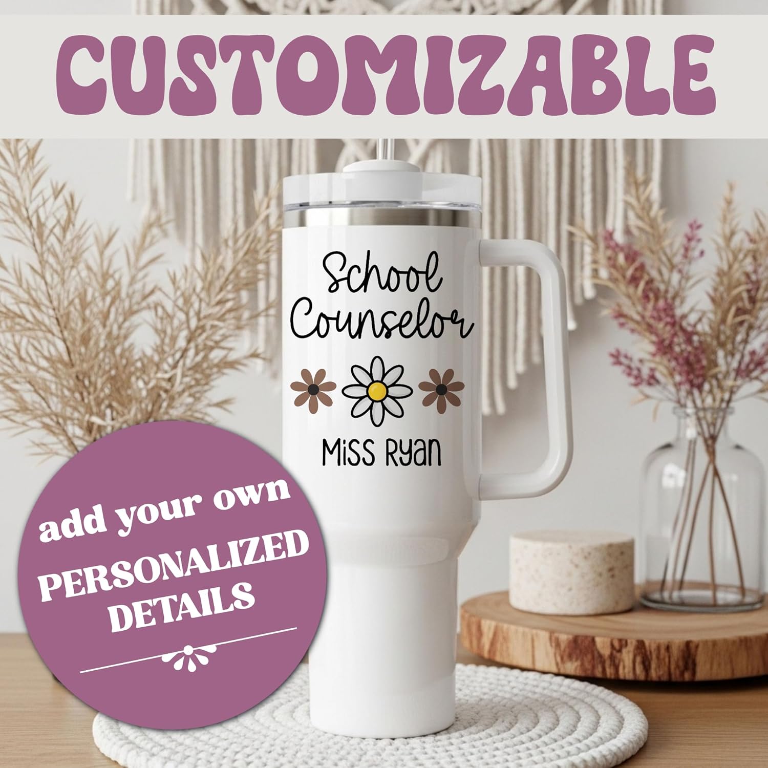 Personalized School Counselor Tumbler 40oz Custom School Counselor Gift With Name, Travel Cup WIth Handle, Travel Mug - Image 4
