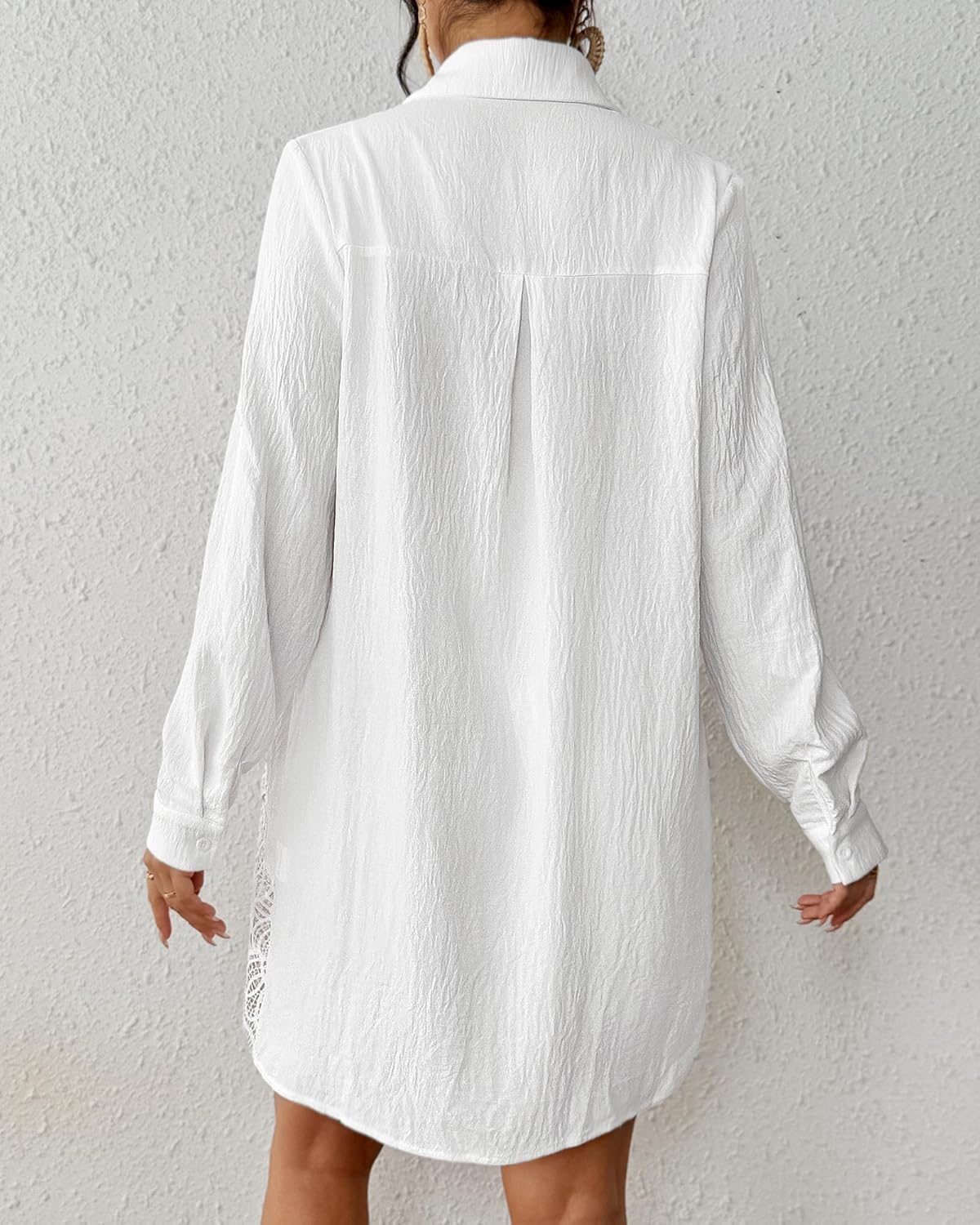 Bsubseach Swimsuit Coverup for Women Button Down Bathing Suit Beach Shirt Dress Long Sleeve Blouse Top with Lace - Image 6